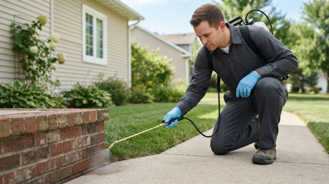 Pest control technician treating a home near Lee Center, IL