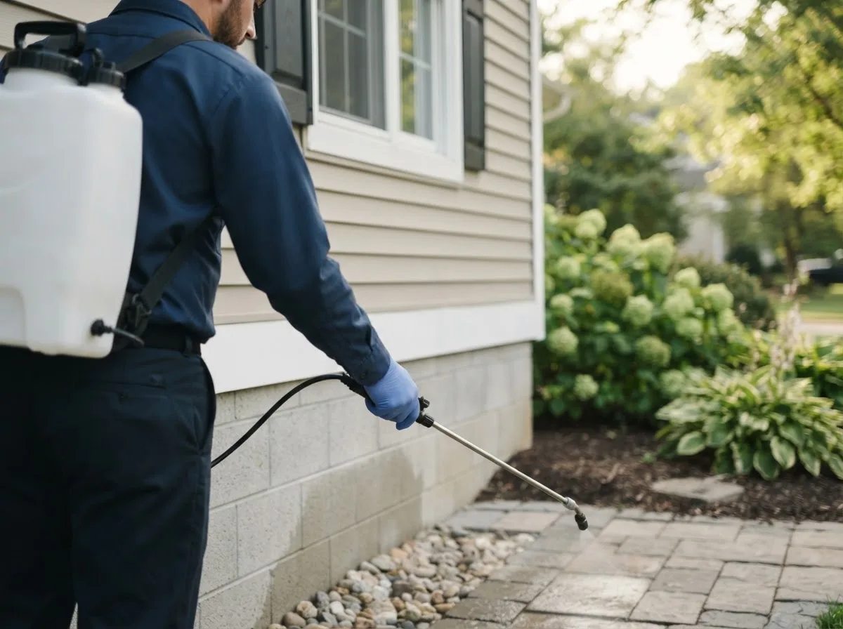 Pest control technician inspecting a home in Lee Center, IL